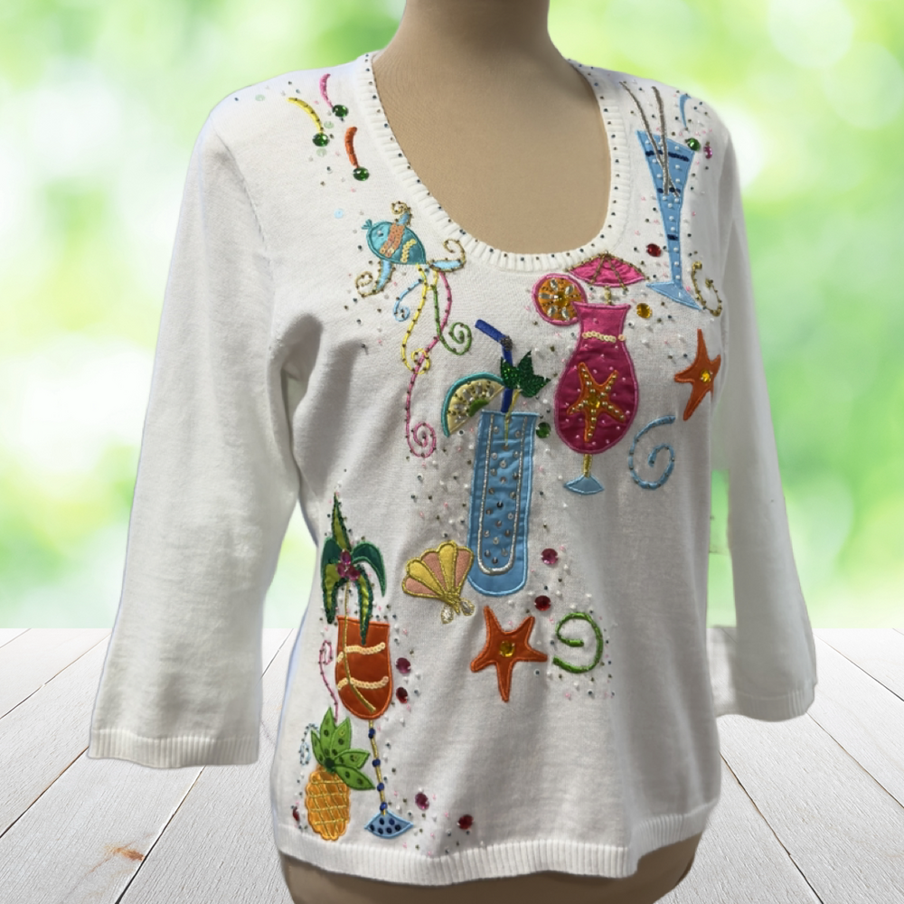 New Vintage Y2K JACK B QUICK Tropical Cocktail Sweater Beaded Embroidered Size M